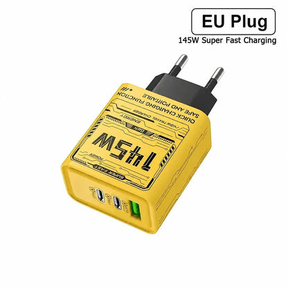 Yellow 145W triple-port GaN charger with EU plug on white background.