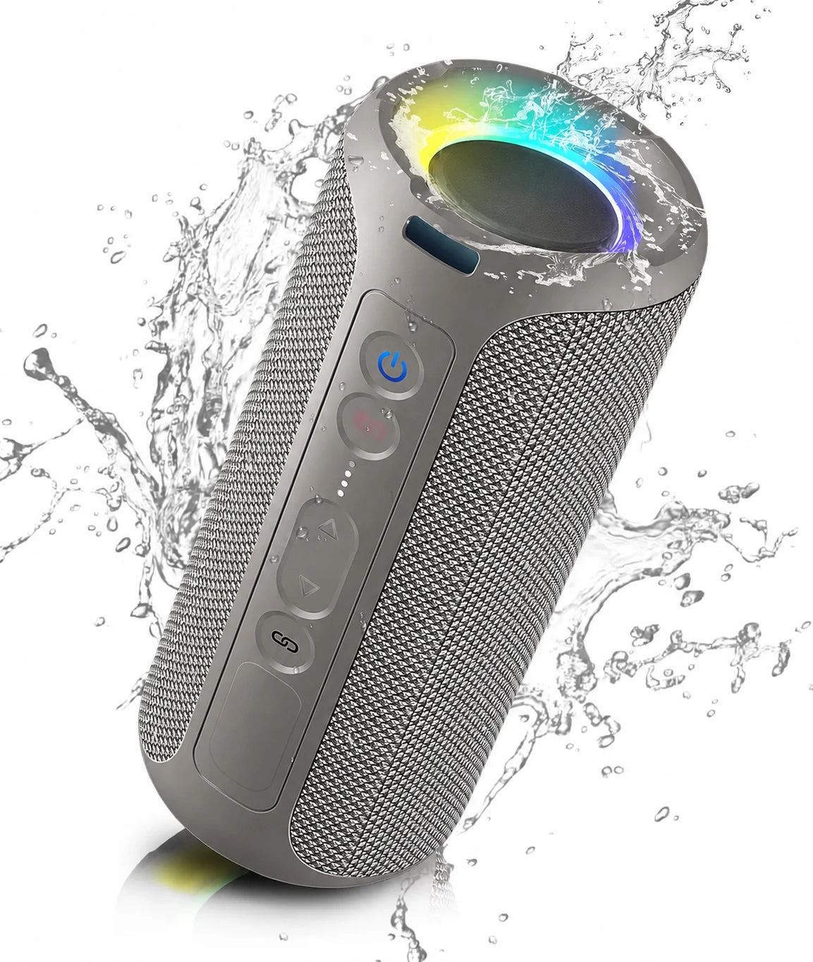 Grey portable speaker with RGB light ring and water splash.