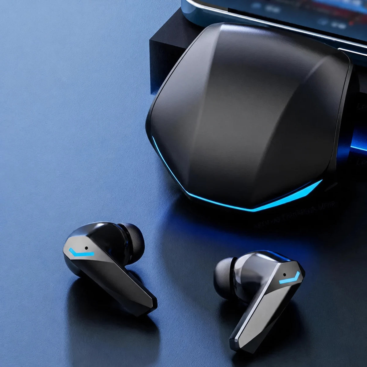 Black GM2 Pro earbuds with illuminated charging case in a blue setting.