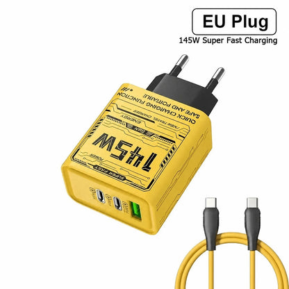 Yellow 145W charger with EU plug and matching USB-C cable.