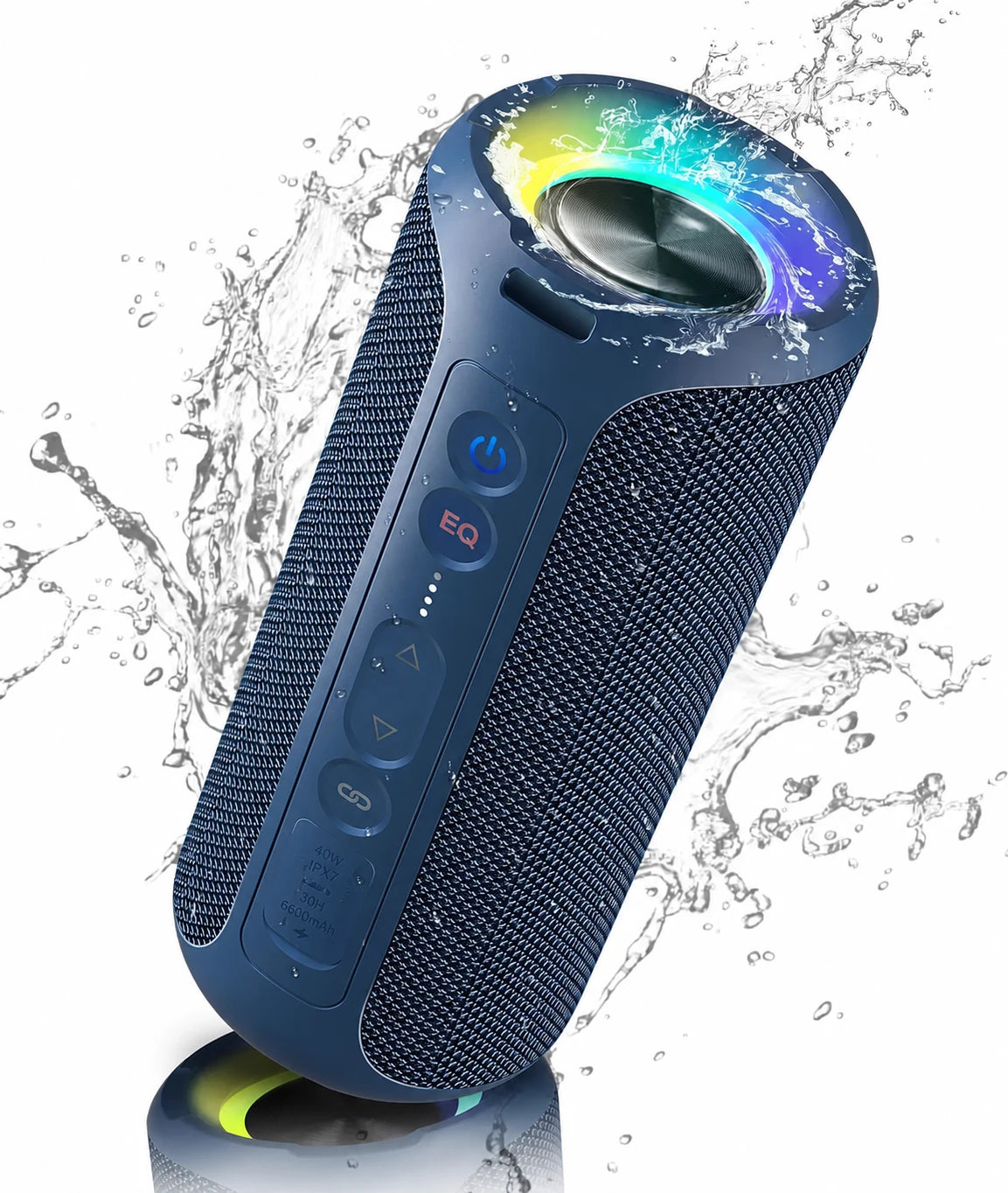 Blue portable speaker with RGB light ring and water splash.