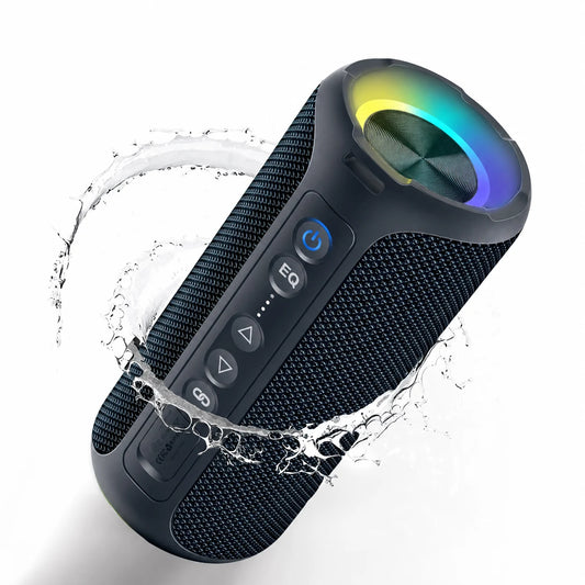 Black portable speaker angled to show top controls and RGB light ring.