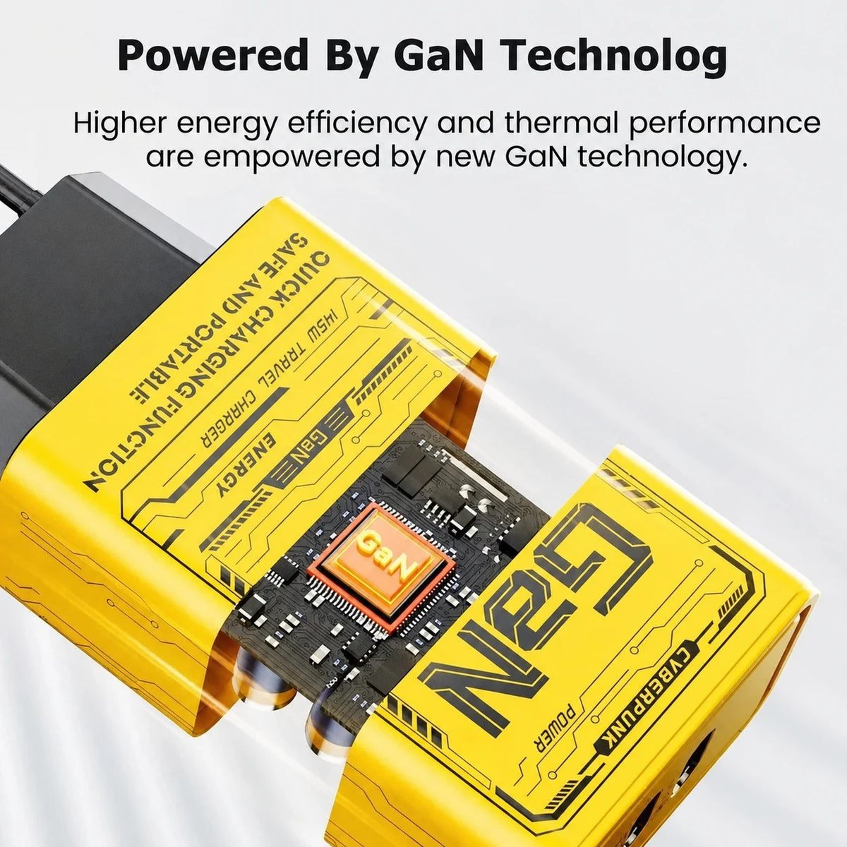 Cutaway illustration of yellow GaN charger and internal circuit board.