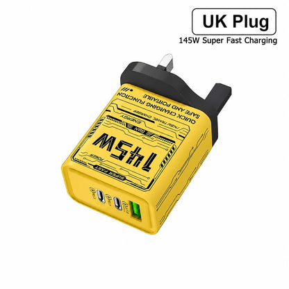 Yellow 145W charger with UK plug on white background.