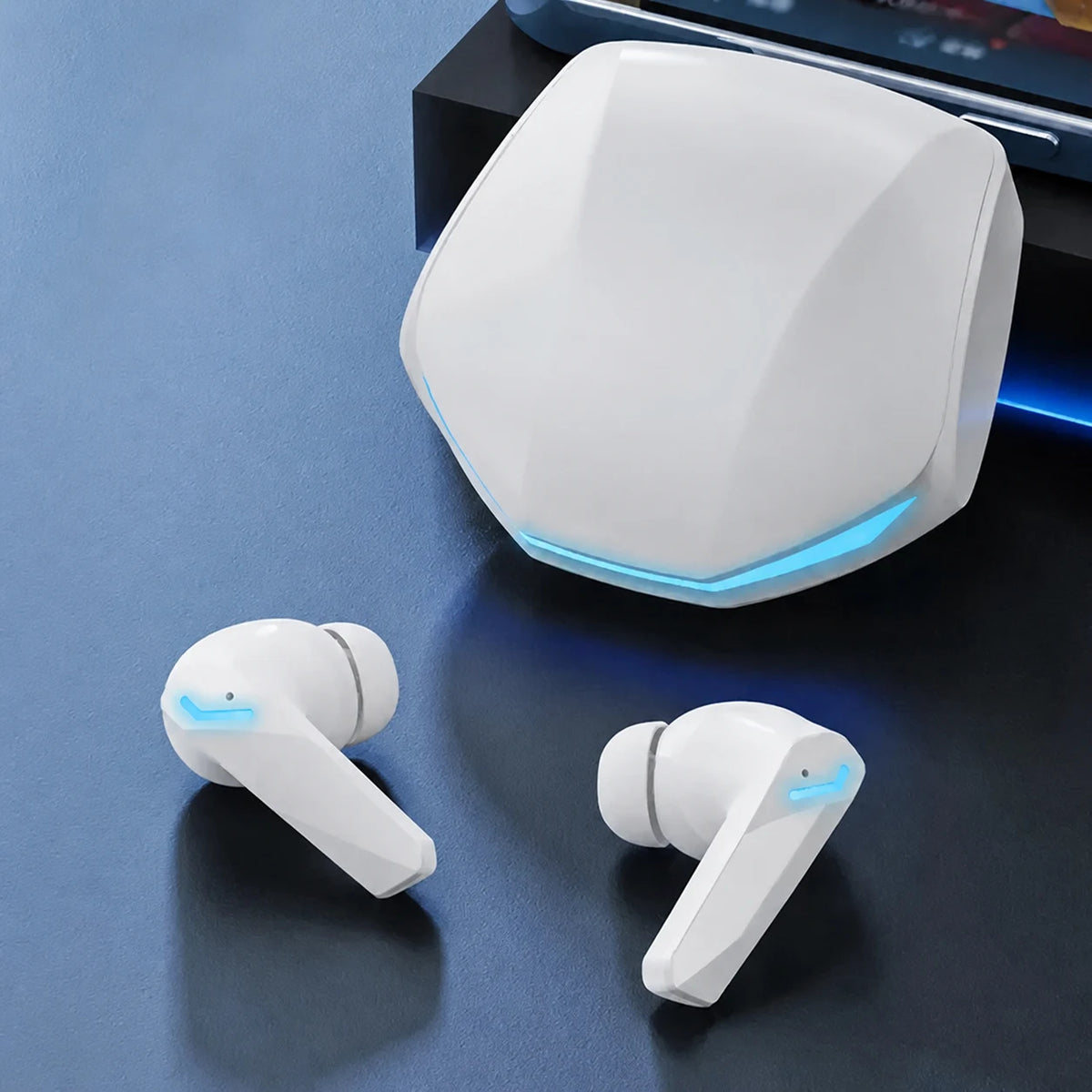 White GM2 Pro earbuds with illuminated charging case on a blue background.