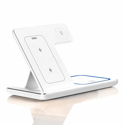 White foldable 3-in-1 wireless charging station in its open position.