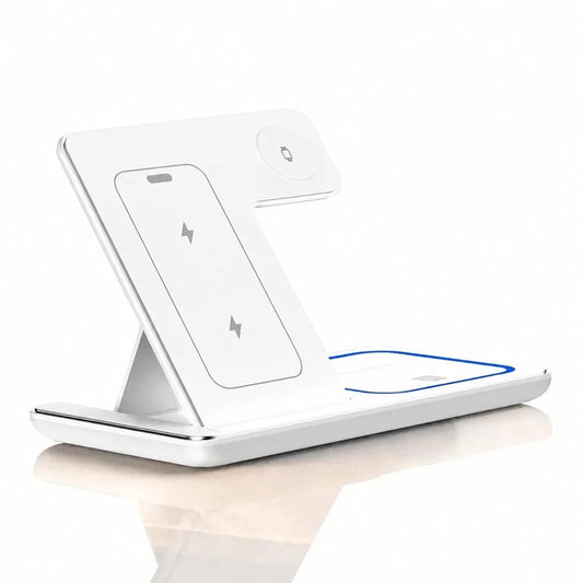 White foldable 3-in-1 wireless charging station in its open position.